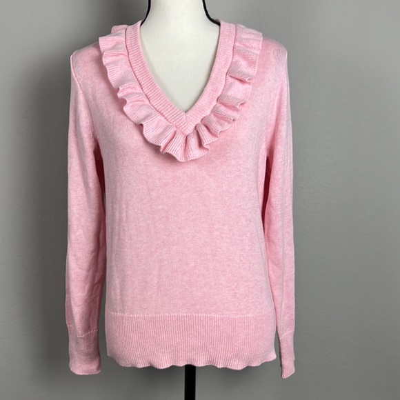 NWT J Crew Pullover PINK Ruffle V-Neck Sweater Sz M - Picture 2 of 11